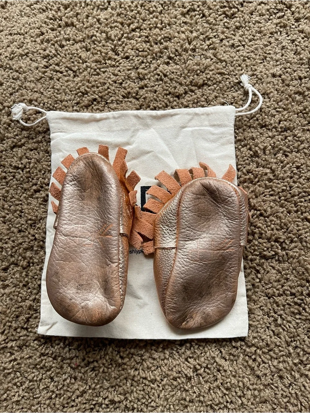 Freshly Picked Metallic Rose Gold Baby Moccasins with Fringe